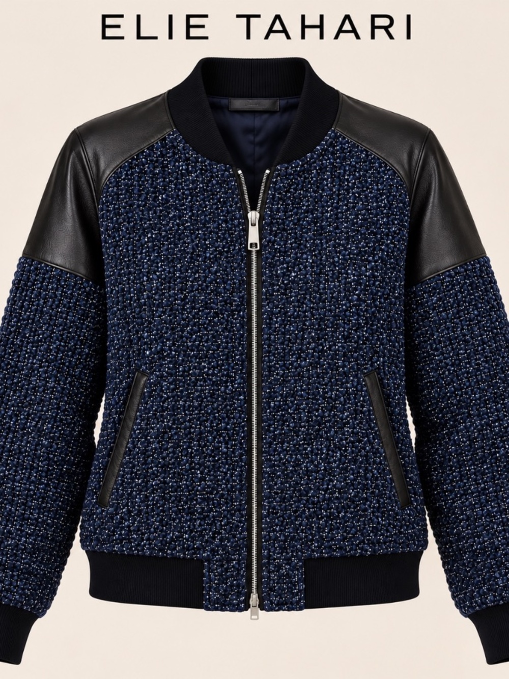 Elie Tahari BlueBlack Metallic Tweed with Leather trim Bomber Jacket, Size Small